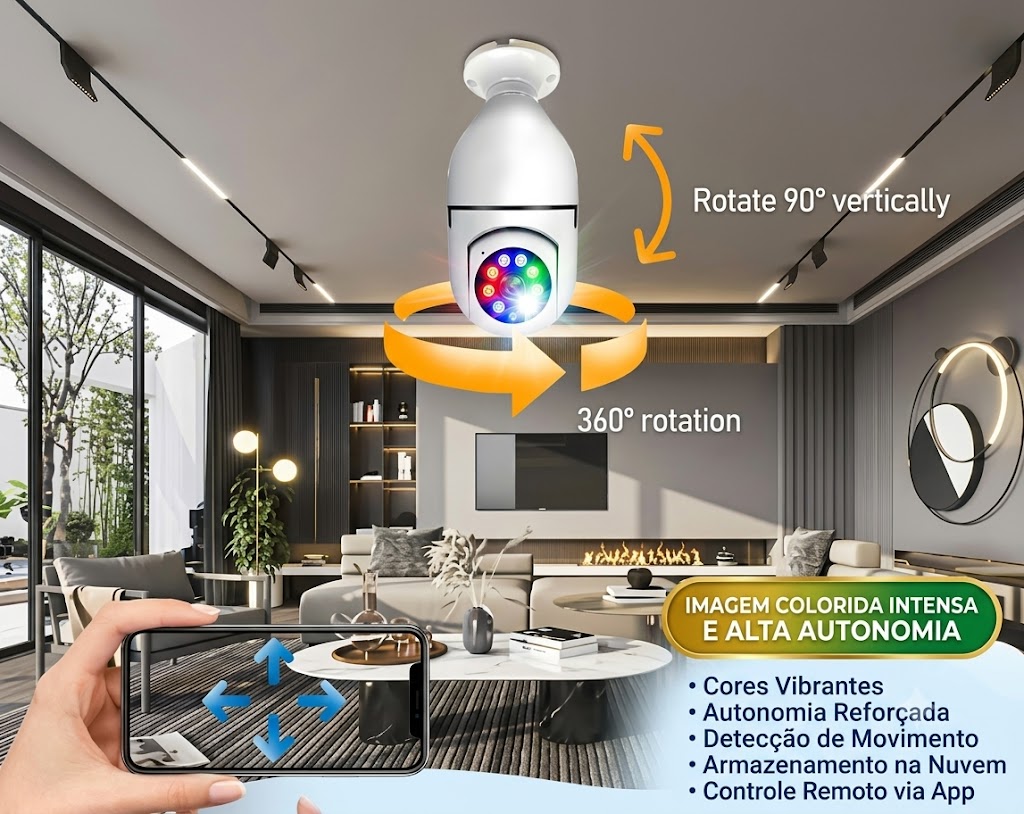 CÂMERA LÂMPADA 360° COM VISÃO NOTURNA COLORIDA