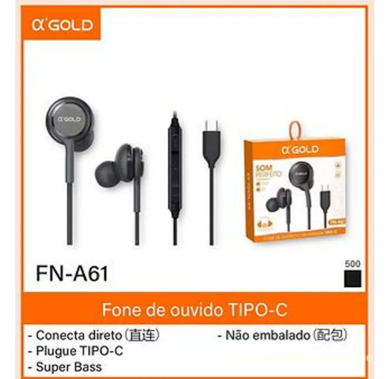 Fone De Ouvido A'gold Com Fio Tipo C com borracha preto